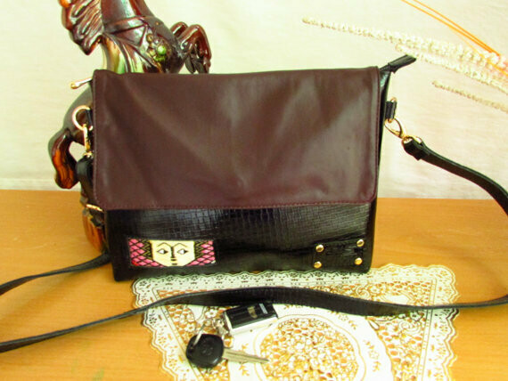 Black and Brown Leather Messanger Bag -Crocodile Print Leather -Soft Sheep Leather