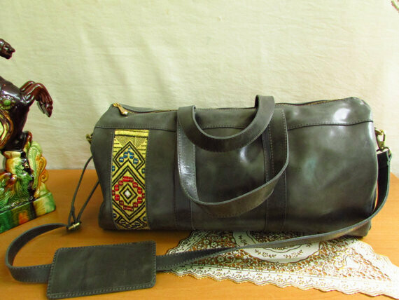 Gray Pull Up Leather Weekender Bag -Distressed Duffle Bag