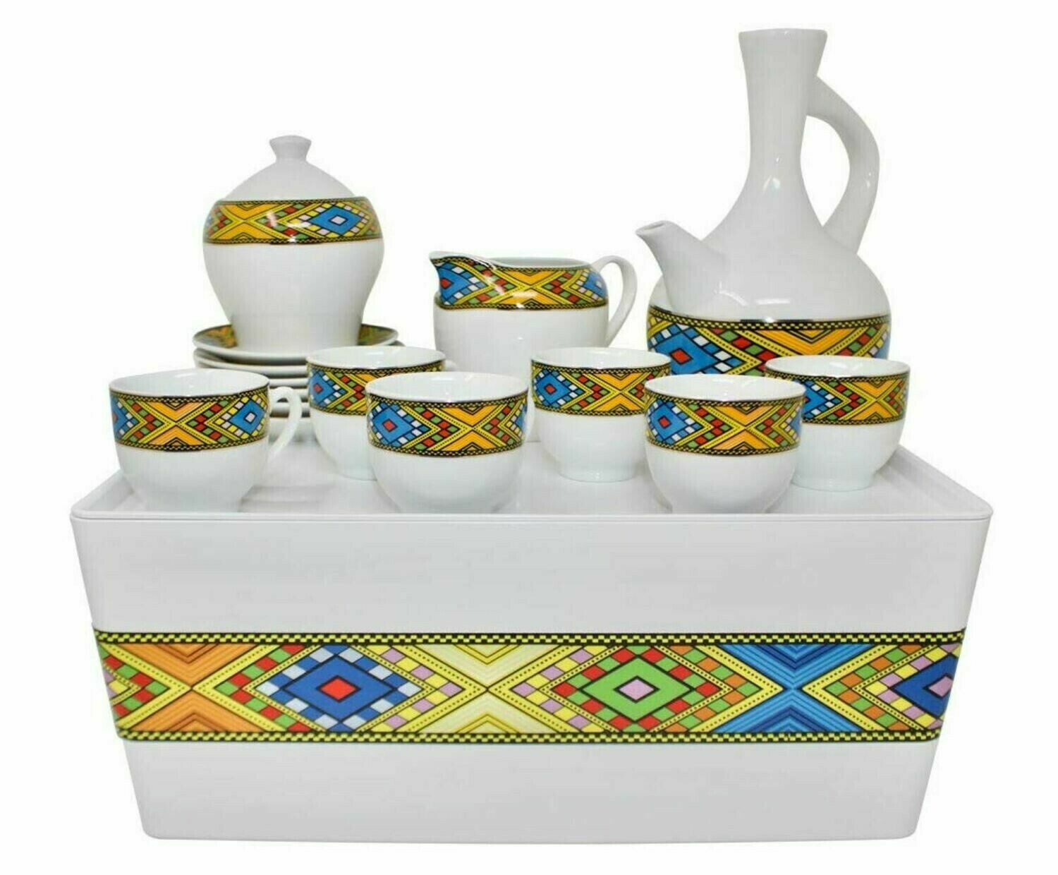 Ethiopian Coffee Set Tilet and Saba Design የቡና ማቅረቢያ ጀበና እና ሲኒ ከረከቦት ጋር ጥለት ወይም ሳባ ዲዛይን