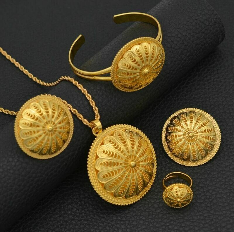 Ethiopian Bride Wedding Jewelry sets Pendant Necklaces Earrings Ring Bracelet Women Eritrean African Party Gifts