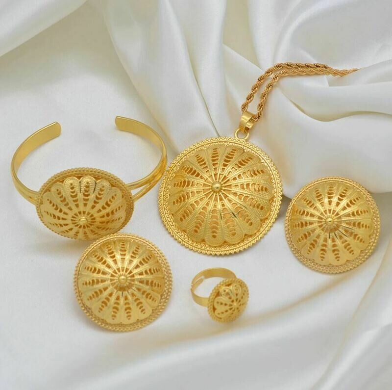 Ethiopian Bride Wedding Jewelry sets Pendant Necklaces Earrings Ring Bracelet Women Eritrean African Party Gifts