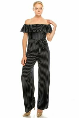 BeBe Navy Off the SHoulder Flounce Striped Belted Jumpsuit