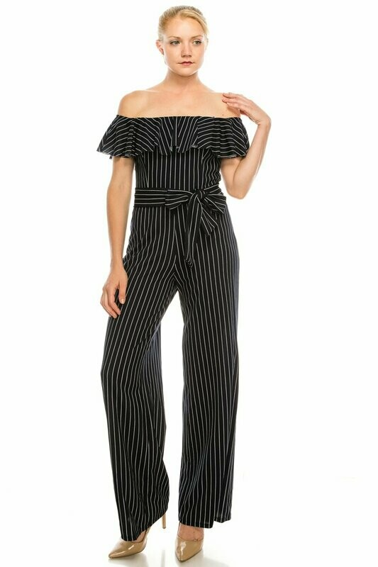 BeBe Navy Off the SHoulder Flounce Striped Belted Jumpsuit