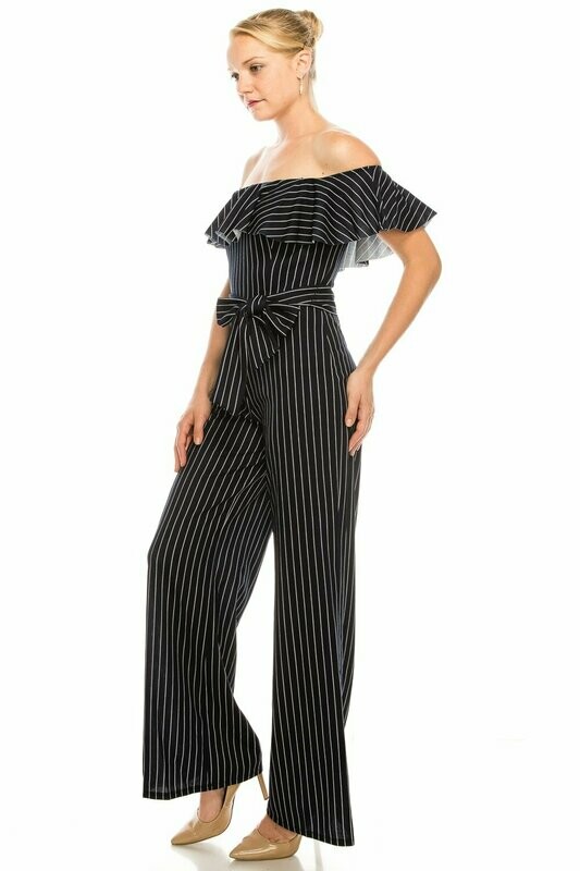 BeBe Navy Off the SHoulder Flounce Striped Belted Jumpsuit