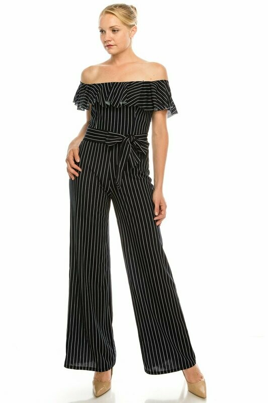 BeBe Navy Off the SHoulder Flounce Striped Belted Jumpsuit, size_n41: 10, color_group: BLUE