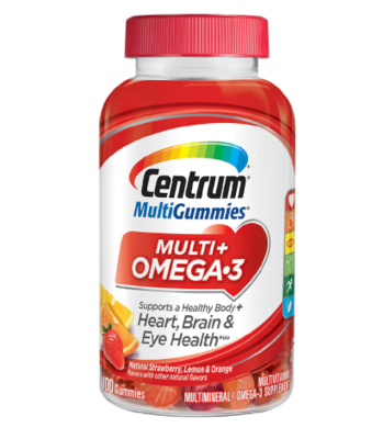 Centrum ሴንትረም (Multi Gummies Multi+ Omega-3 Multivitamins &amp; Multimineral Supplement Natural Strawberry, Lemon, &amp; Orange)