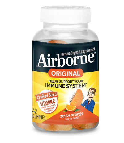 Airborne ኤርቦርን (Vitamin C, E, Zinc, Minerals & Herbs Immune Support Supplement Gummies Orange )