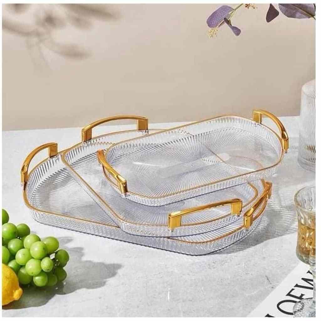 3 Sets Serving Acrylic Tray With Golden Handle