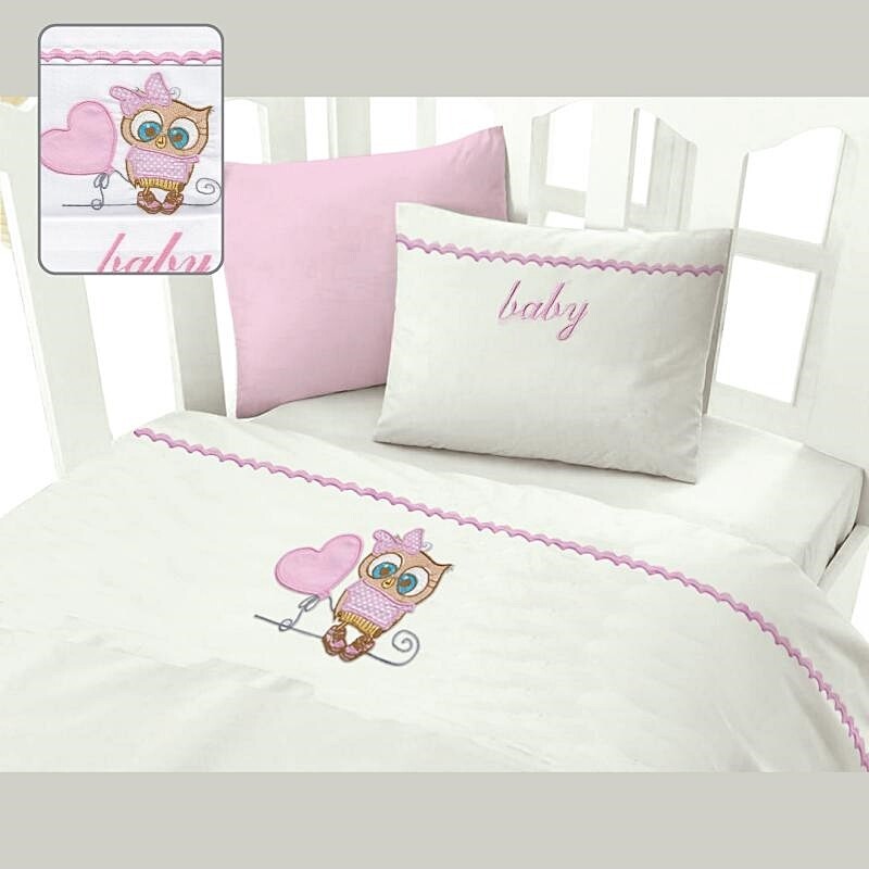 Σετ Σεντόνια Κούνιας Κέντημα Κουκουβάγια Ροζ - Contessa