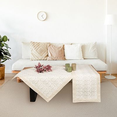 Τραπεζοκαρέ Ολοκέντητο Λινό 120Χ120 εκ. 1974 Μπεζ - Ilis Home