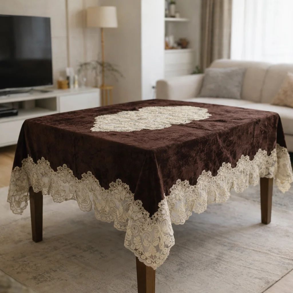 Τραπεζομάντηλο 140Χ180 εκ. Βελούδο-Δαντέλα Καφέ - Home Classic