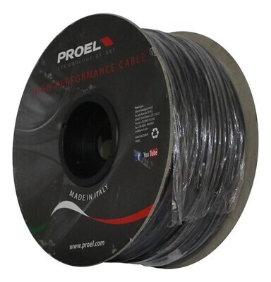 Bobina de Cable para Micrófono Marca Proel, Color Negro de 100M 2X0.22 mm, Hecho en Italia. Mod. HPC210BK