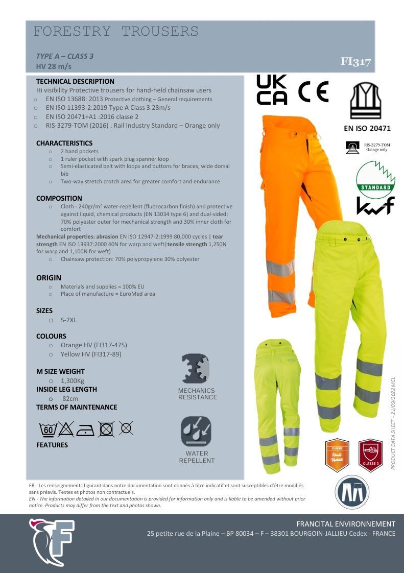 Francital Class 3 Chainsaw Trousers Hi Viz (Rail spec) - Size Large