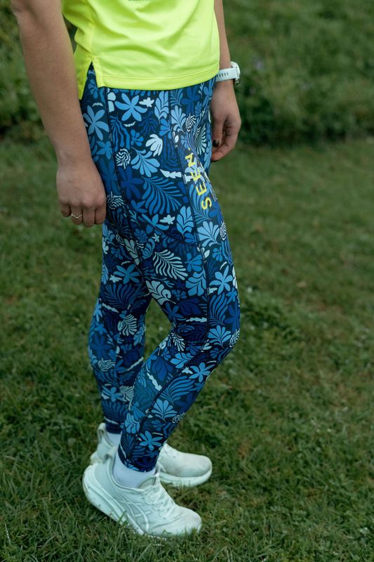 blue floral SEEN. full length panelled tights