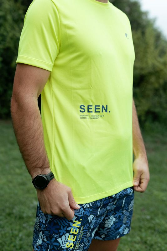 Neon yellow SEEN. mens T-shirt