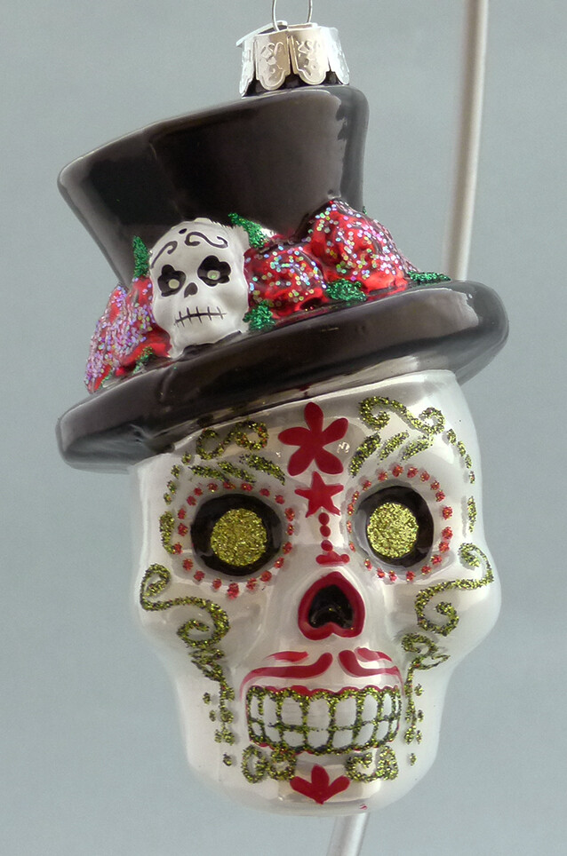 Day of the Dead Glass Skull + Hat, Gold Eyes
