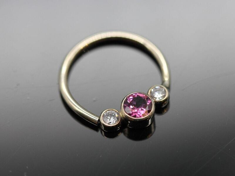 16g or 18g Solid 14k Gold  3mm Pink Sapphire and 2 - 1.7 mm Real Diamonds VS1 E/F color side stones