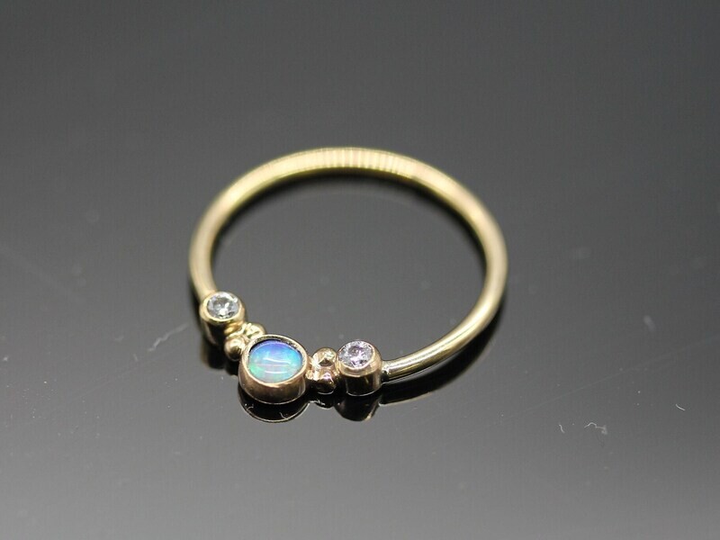 16g or 18g Solid 14k Gold (NOT plated or filled) With 3mm Opal and 2 Real Diamonds 1.8mm VS1 E/F Color