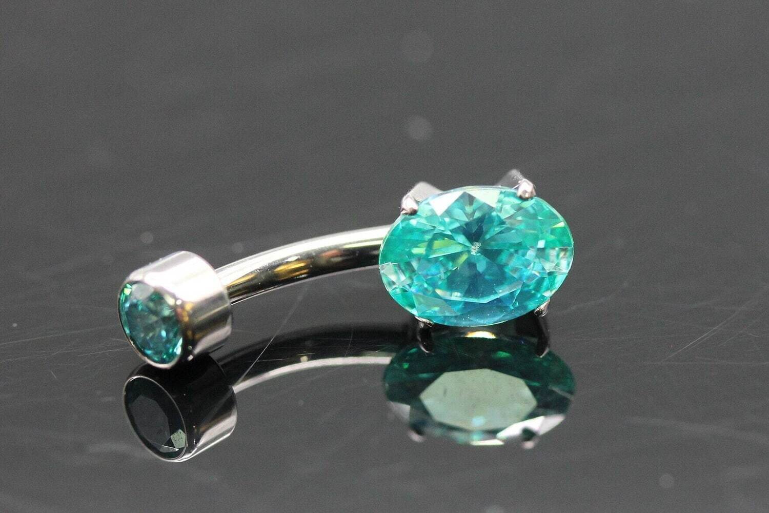 Anatometal Titanium Oval Navel Curve with Mint Green Stones 6x8mm bottom and 3mm top