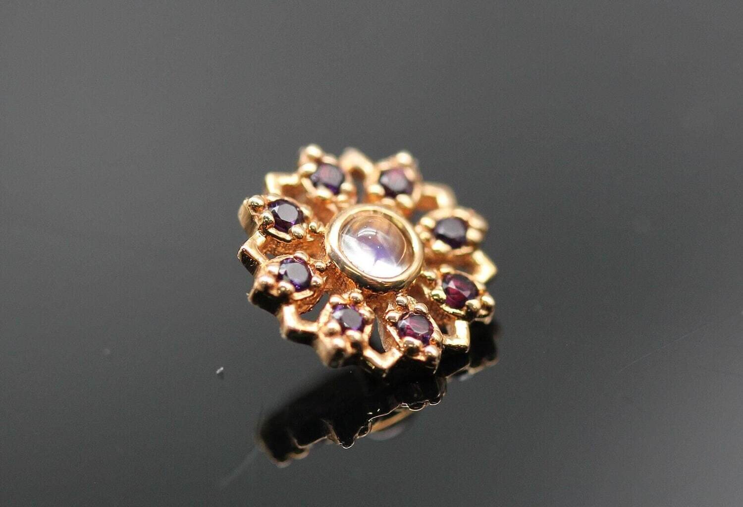 BVLA threaded rose gold rosette flower with amethyst and rainbow moonstone