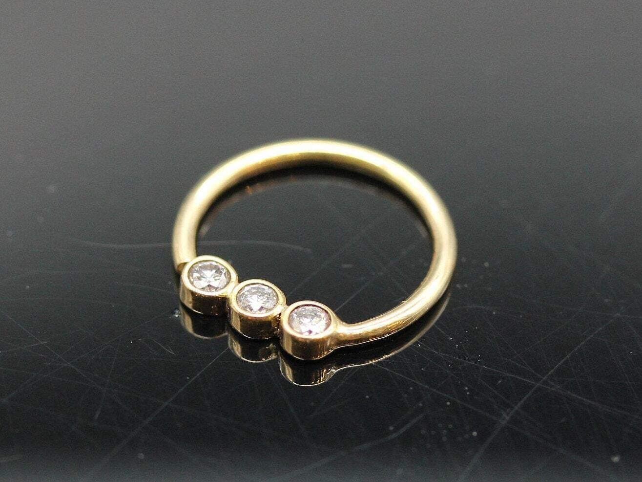 16g or 18g Solid 14k Gold  Three Diamond Bezel set in straight line  - 1.7 mm Real Diamonds VS1 E/F color
