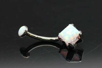 Anatometal Titanium Princess-cut Navel Curves with synthetic White Opal Stones 6mm bottom and 3mm top