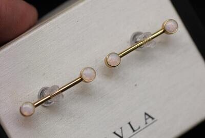 BVLA yellow gold nipple bar 14G with white opal ends