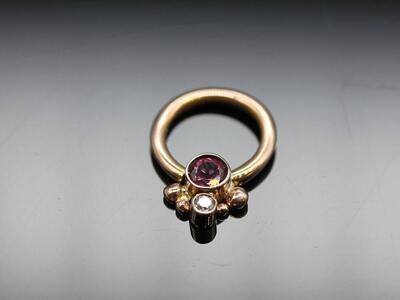 16g or 18g Solid 14k Gold with beaded detail -3mm Rhodolite and 2 - 1.7 mm Real Diamonds VS1 E/F color side stones