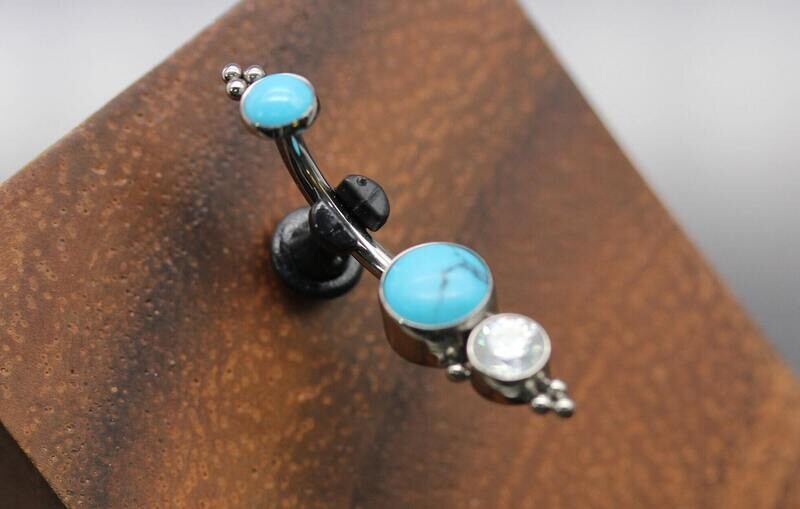 Le Roi Titanium bezel Navel Curve with Turquoise  5mm and 4mm White CZ bottom and 4mm Turquoise top