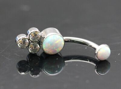 Le Roi Titanium bezel Navel Curve with 6mm Synthetic White Opal and 2mm Tri white CZ's bottom and 4mm Synthetic White Opal top