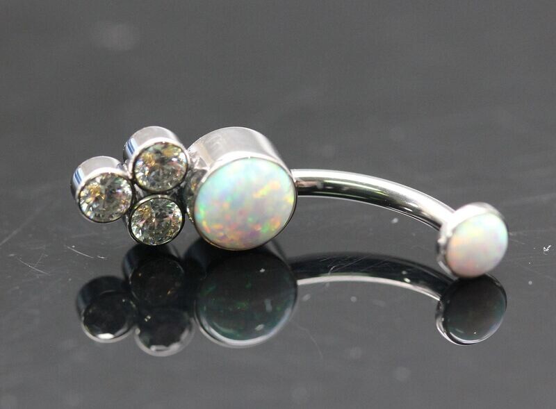 Le Roi Titanium bezel Navel Curve with  6mm Synthetic White Opal and 2mm Tri white CZ's bottom and 4mm Synthetic  White Opal top