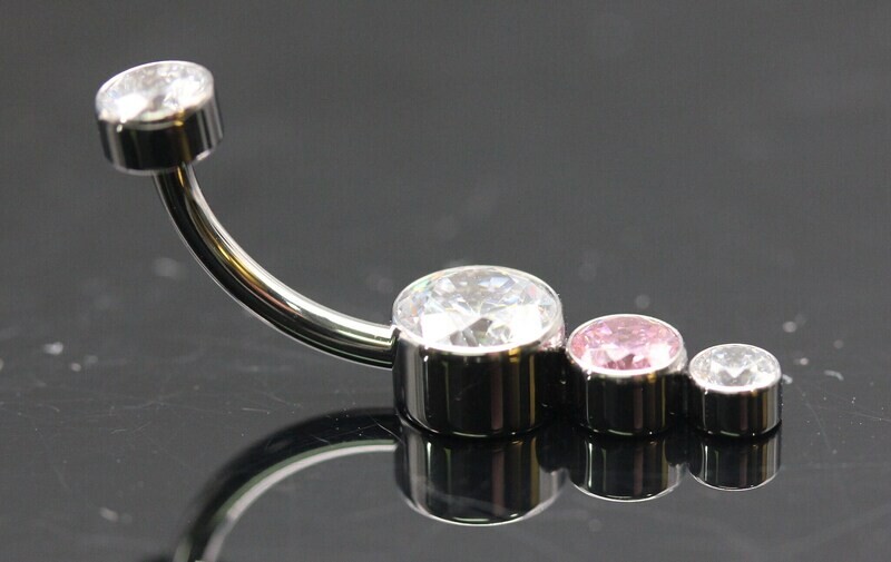 Le Roi Titanium bezel Navel Curve with  5mm White Cz, 4mm Pink CZ and 4mm White CZ bottom and top