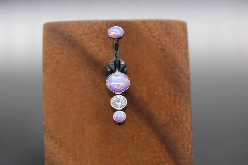 Le Roi Titanium bezel Navel Curve with  5mm Synthetic Pink Opal , 4mm White CZ and 3mm Synthetic Pink Opal bottom and 4mm Synthetic Pink top