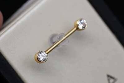 BVLA Yellow gold Nipple bar 14g with 4mm white CZ ends