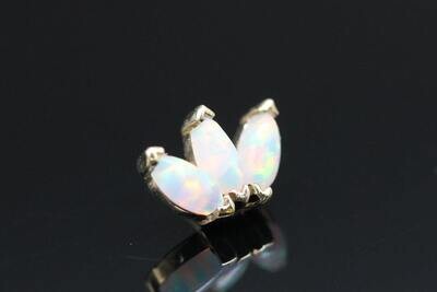 BVLA Pin Yellow gold triple marquise fan with 3 synth white opal