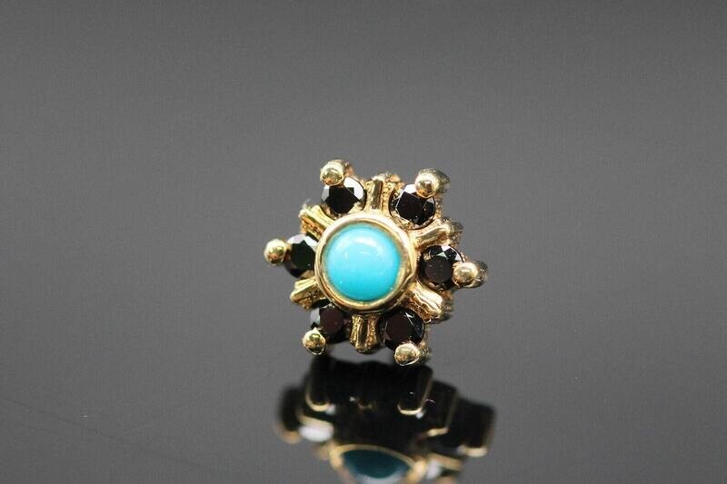 BVLA Yellow gold pin mini Toltec with black diamonds and turquoise