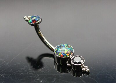 Le Roi Titanium bezel Navel Curve with Synthetic Black Opal 5mm and 4mm Black CZ bottom and 4mm Synthetic Black Opal top