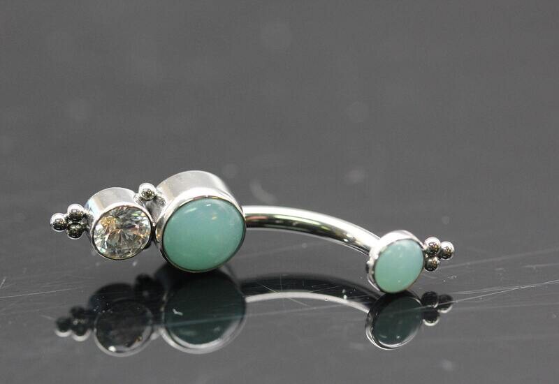 Le Roi Titanium bezel Navel Curve with Aqua Marine Cab  5mm and 4mm White CZ bottom and 4mm Aqua Marine Cab top