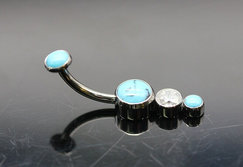 Le Roi Titanium bezel Navel Curve with Turquoise  5mm, 4mm White CZ and 3mm Turquoise bottom and 4mm Turquoise top