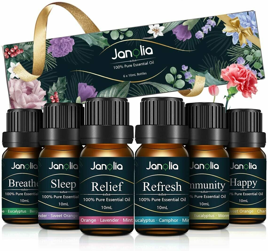 Janolia Huile Essentielle, Set de 6 Huile Essentielle Bio avec Coffret Cadeau Aromathérapie Huile Parfumé Naturelles, Humidificateurs Oils, Six Effets Différents Des Huiles Essentielles