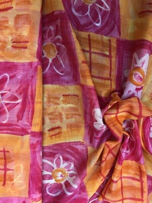 Katoen gekleurd fuchsia/oranje bloem motief