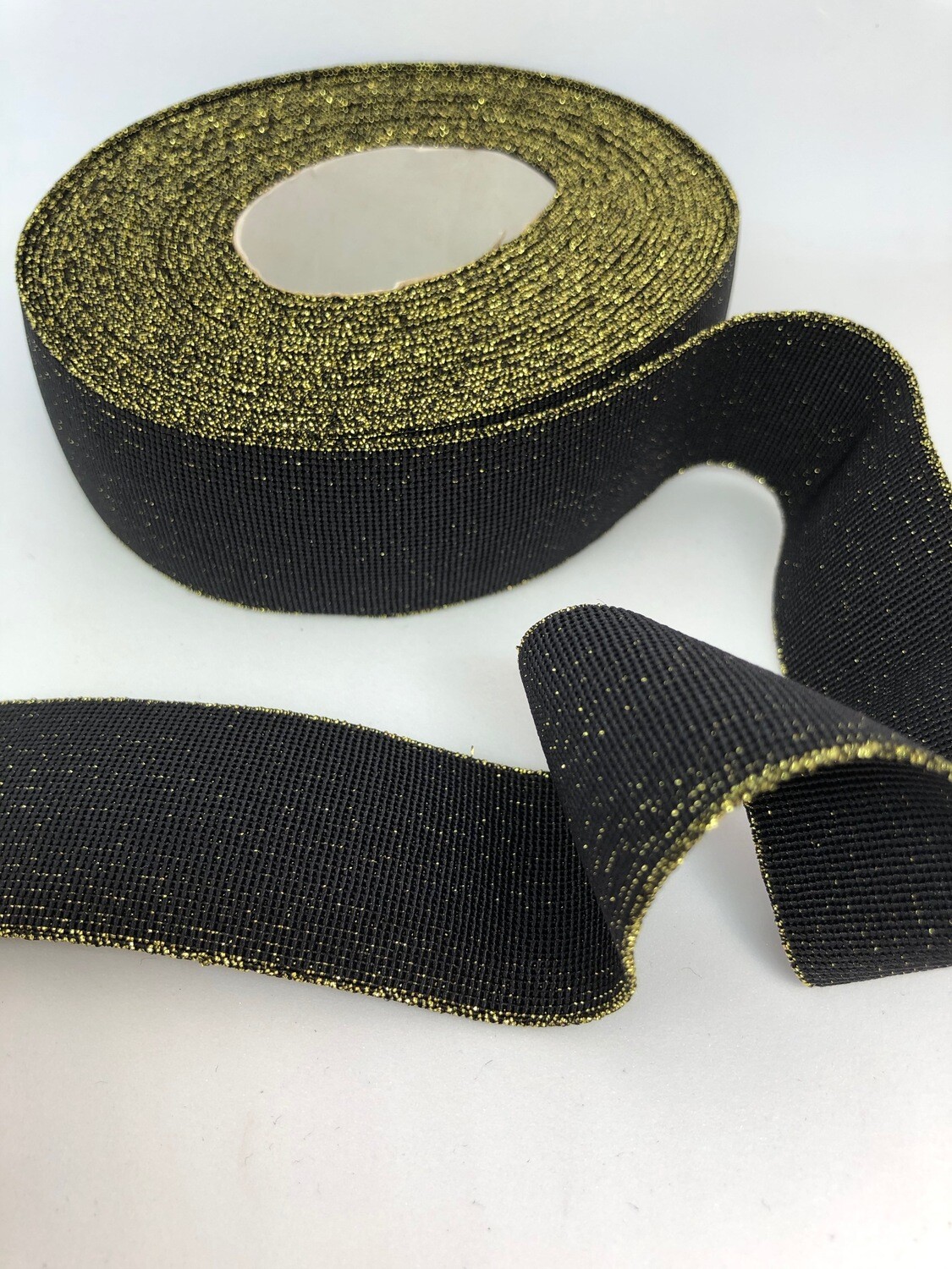 Soepele elastiek zwart/goud glitter 30mm