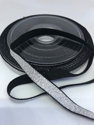 Soepele elastiek zilver/zwart glitter 10mm