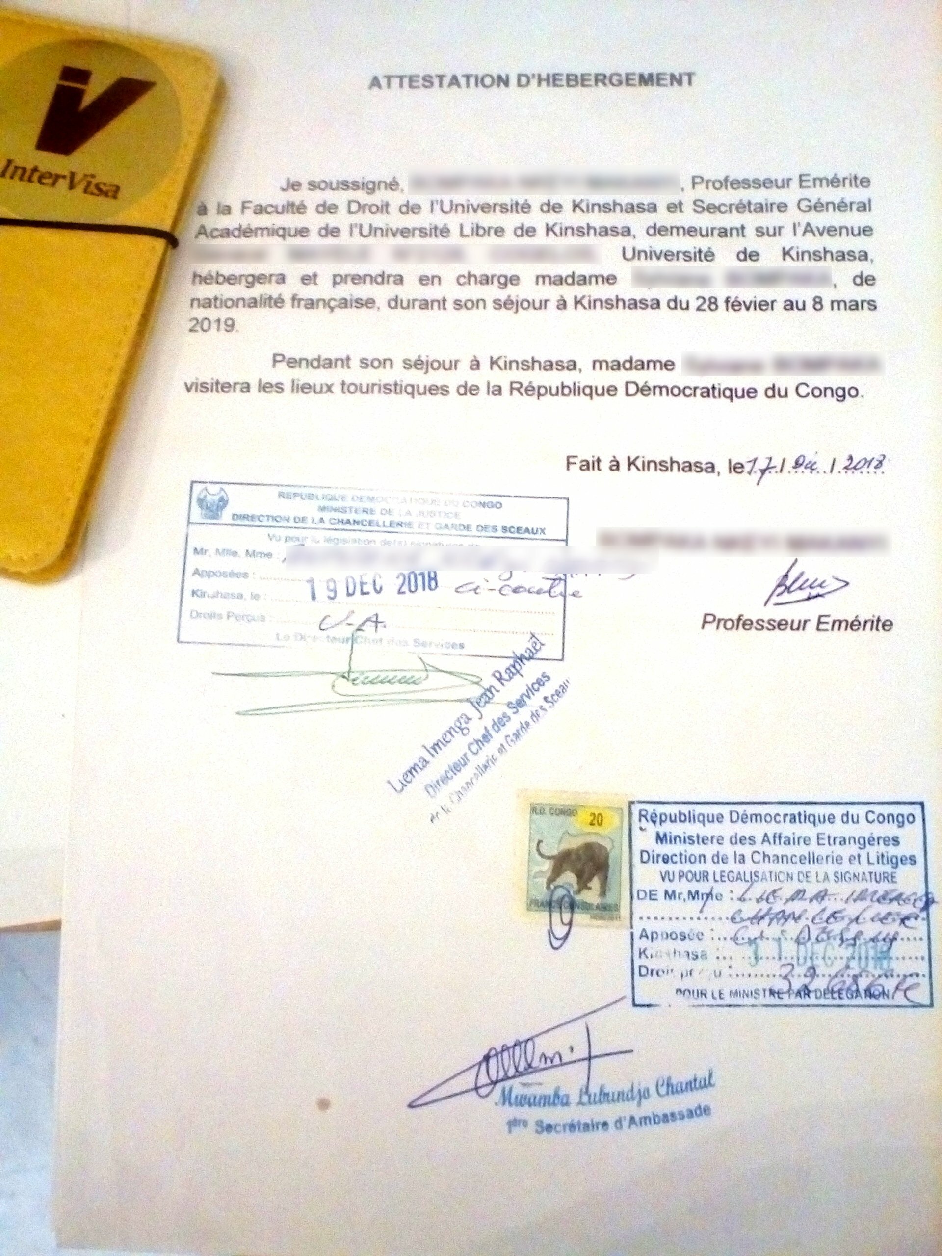 Lettre d'invitation légalisée visa Congo-Kinshasa RDC