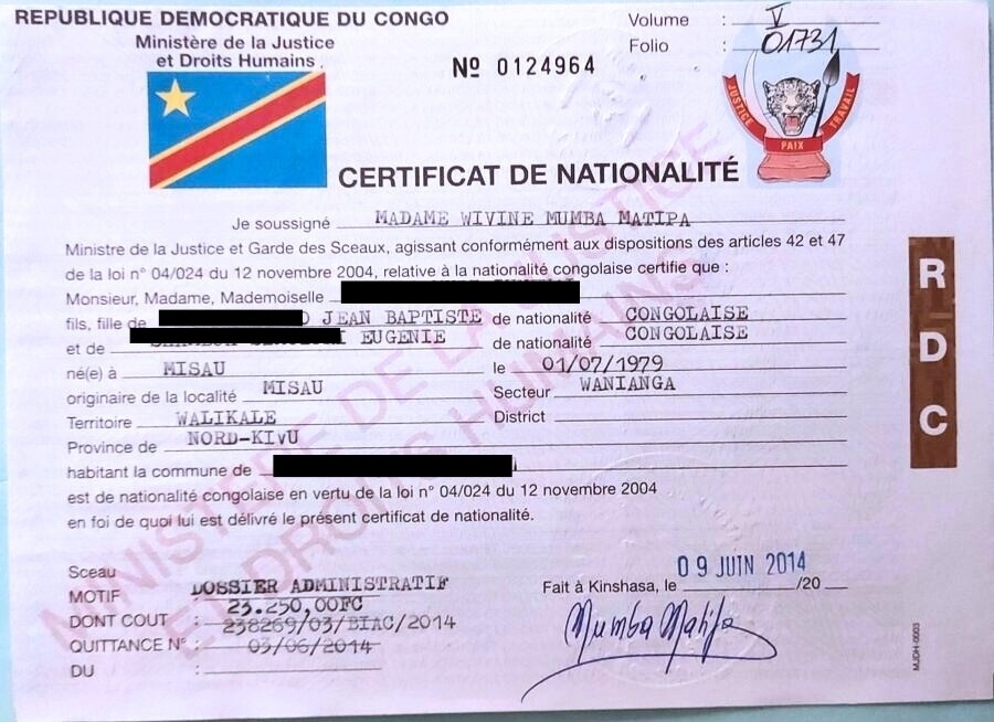 Certificat de nationalité Congo-Kinshasa RDC Certificat de nationalité Congo-Kinshasa RDC