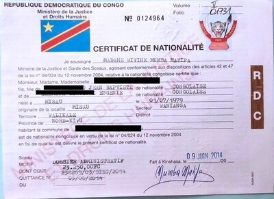 Certificat de nationalité Congo-Kinshasa RDC