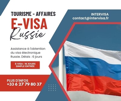 e-Visa Russie, tourisme et affaires 16 jours.
