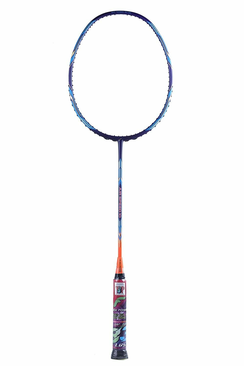 Flex Power Air Speed 10 (Mega Tension - 33LBS) Full Graphite Badminton Racquet with Full Racket Cover Blue/Orange