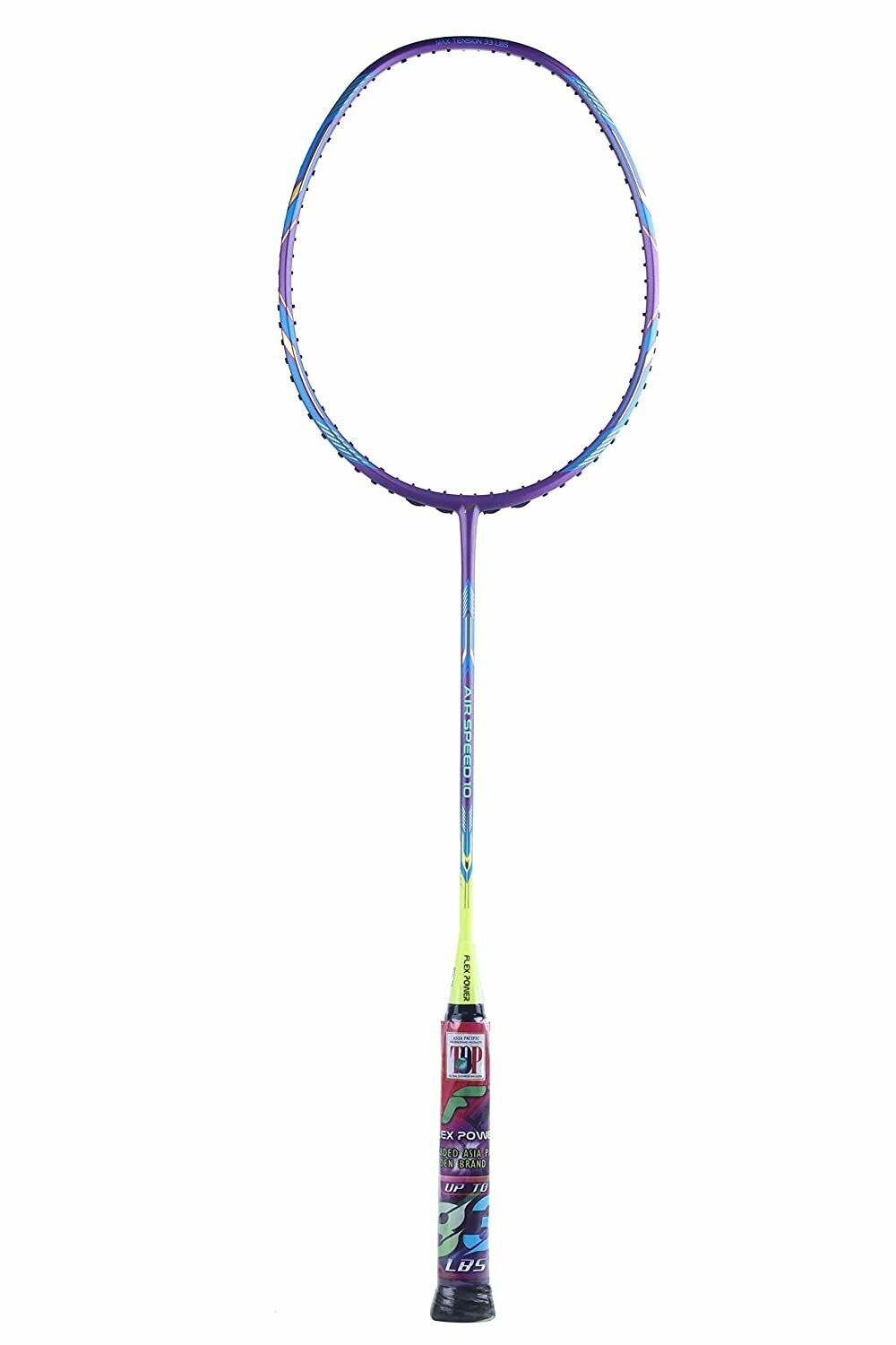 Flex Power Air Speed 10 (Mega Tension - 33LBS)  Full Graphite Badminton Racquet with Full Racket Cover Purple/Neon