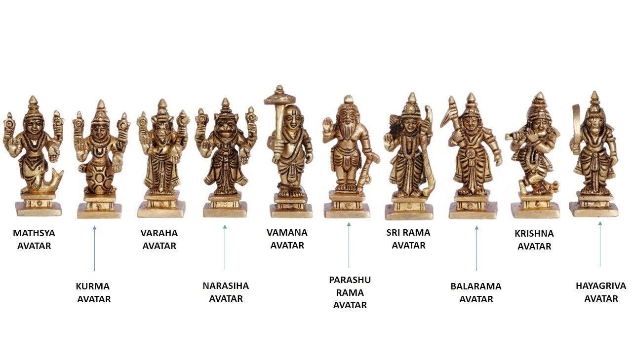 Brass Dasavatar / Dashavatar set, 10 mini vigrahams / idols,Suitable for Home Thiru aradhana பித்தளை தசாவதார விக்ரஹங்கள், ஆத்து திருவாராதனத்திற்கு உகந்தது.